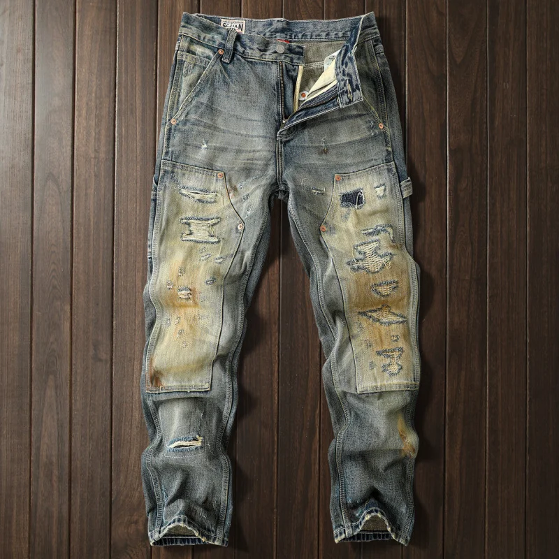 

High-End Retro Vintage Yellow Mud Wash Ripped Jeans Men Heavyweight OZ Patchwork Straight Denim Pants