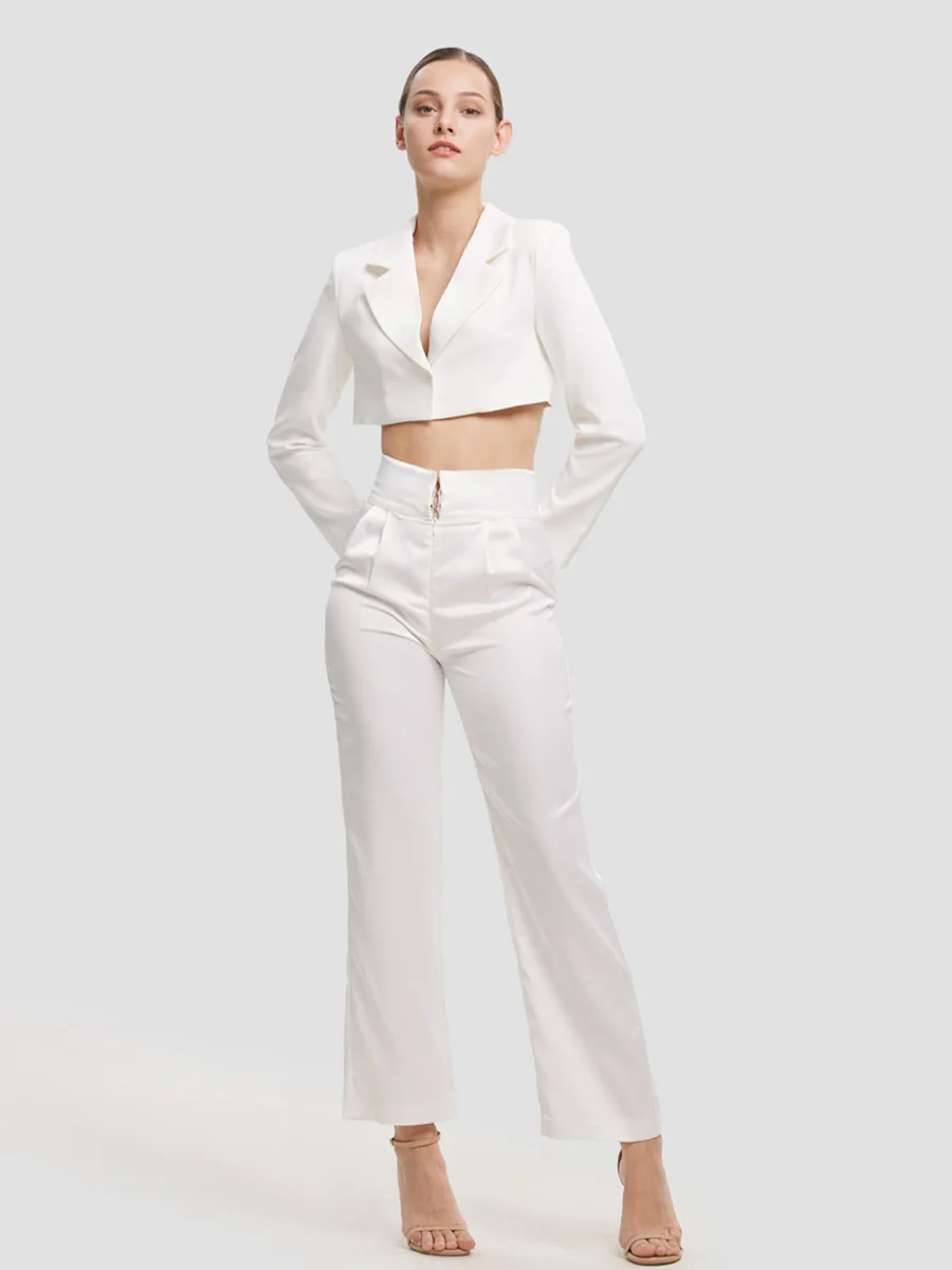 

Tesco Women's Suit Blazer And Pants Short Jacket High Waist Straight Pants White Female Sets Casual Clothing conjunto feminino