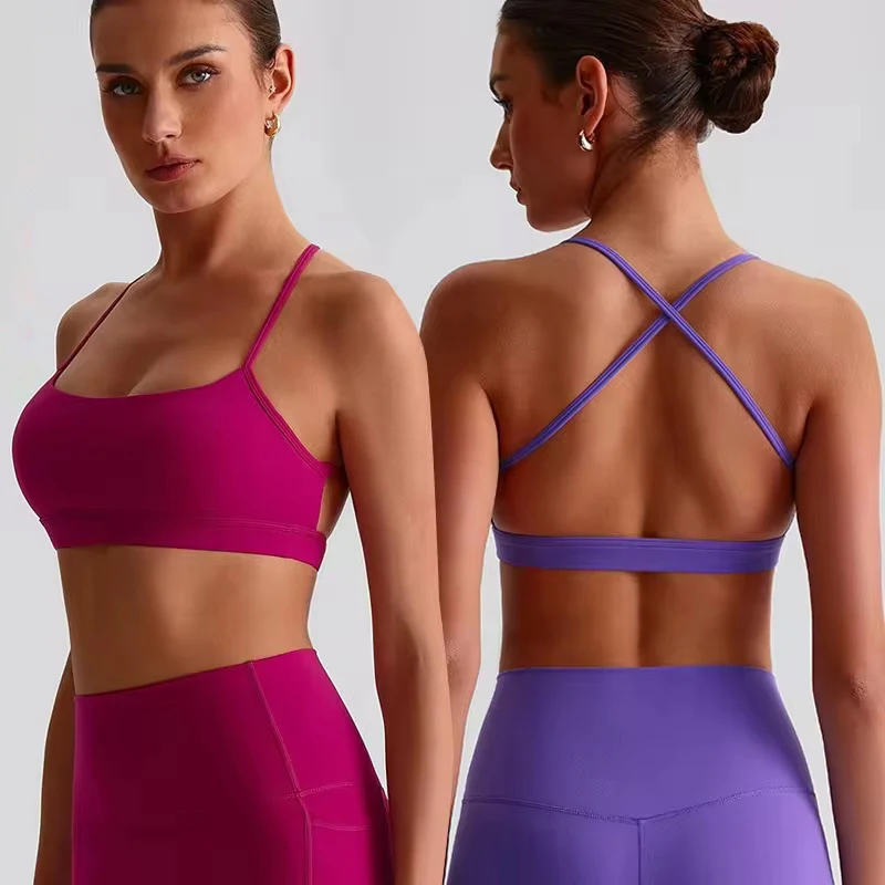 Women's Cross Back Push Up Sports Bra with Removable Pads Spaghetti Strap Yoga Bralette Buttery Soft Workout Yoga Crop Tank Top