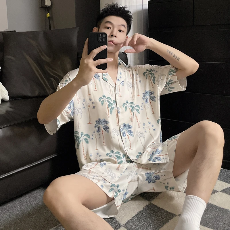 DAIMELU Coconut Tree Pajamas Men's Summer Short Sleeve Satin Cool Ice Silk Plus Size couple Set women sleepwear Polyester nighty