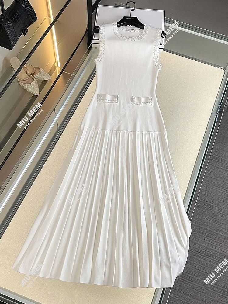 

High-End Summer 2025 Knitted Long Vest Dress Pearl Embellished A-Line High Waist Simple Style Commute Elegant Chic