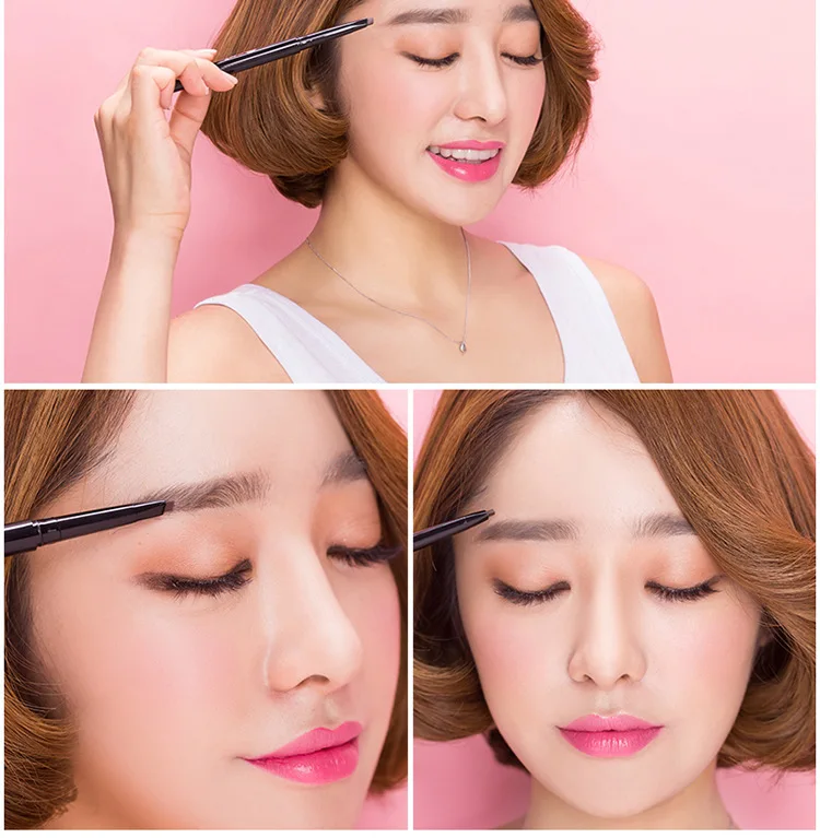 قلم حواجب دوار تلقائي برأس مزدوج مقاوم للماء ومقاوم للعرق وغير ملطخ مع فرشاة حواجب قلم ضغط للمكياج الأساسي