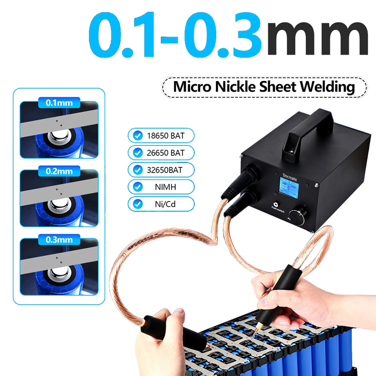 Saldatrice a punti Degreat 250, con capacità regolabile e batteria, dotata di display LCD per la saldatura di strisce di nichel da 0,1 mm.