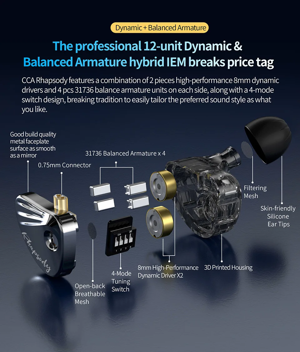 CCA Rhapsody HIFI-Kopfhörer 2DD + 4BA dynamischer Musik-Kopfhörer mit abnehmbarem Kabel, Rauschunterdrückung, kabelgebundene Kopfhörer – Detail 2
