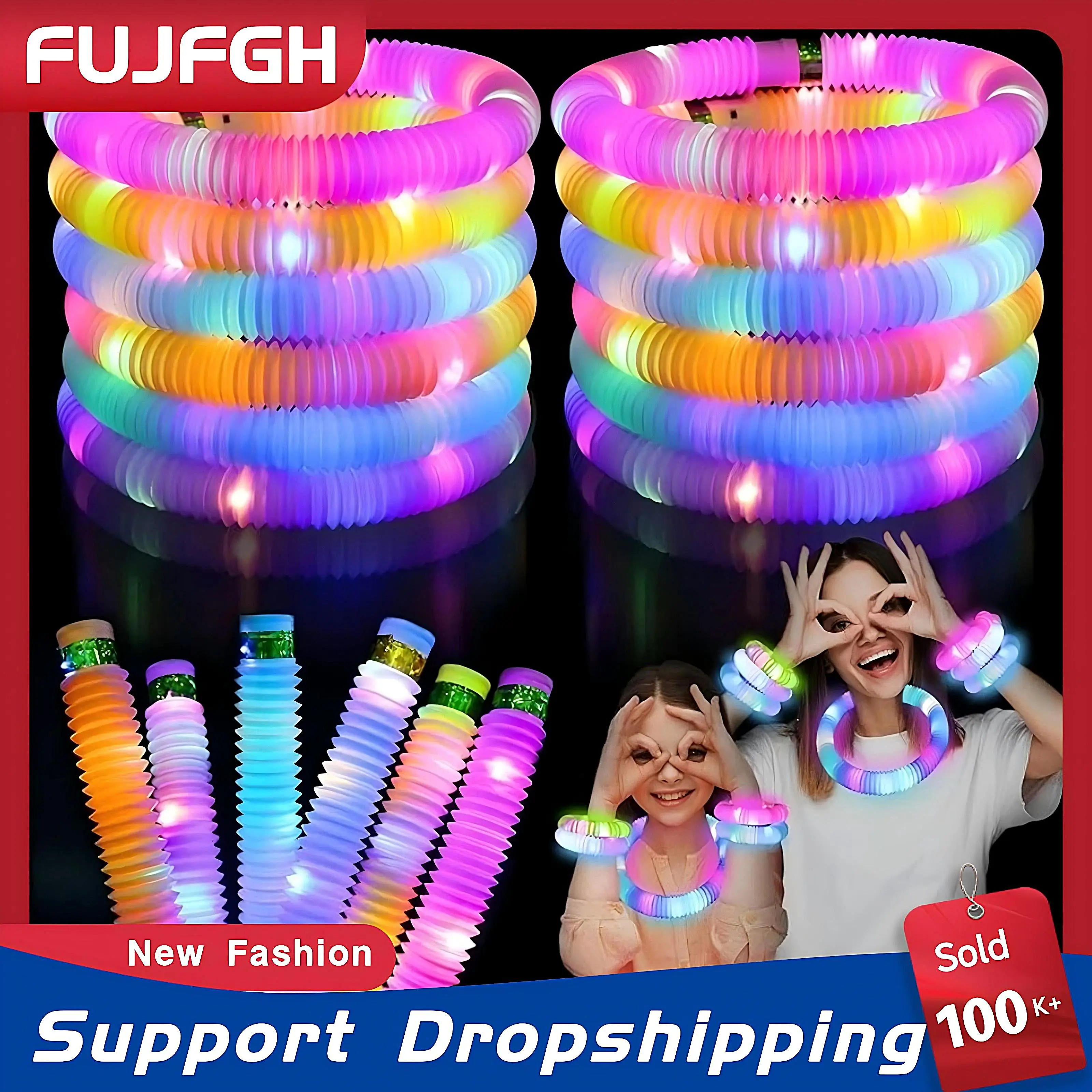 

6 PCS Colorful Pop Tubes Lighted LED Sensory Toys Pull Stretch Tube Toddlers Gifts Children's Luminous Popping Party Supplies