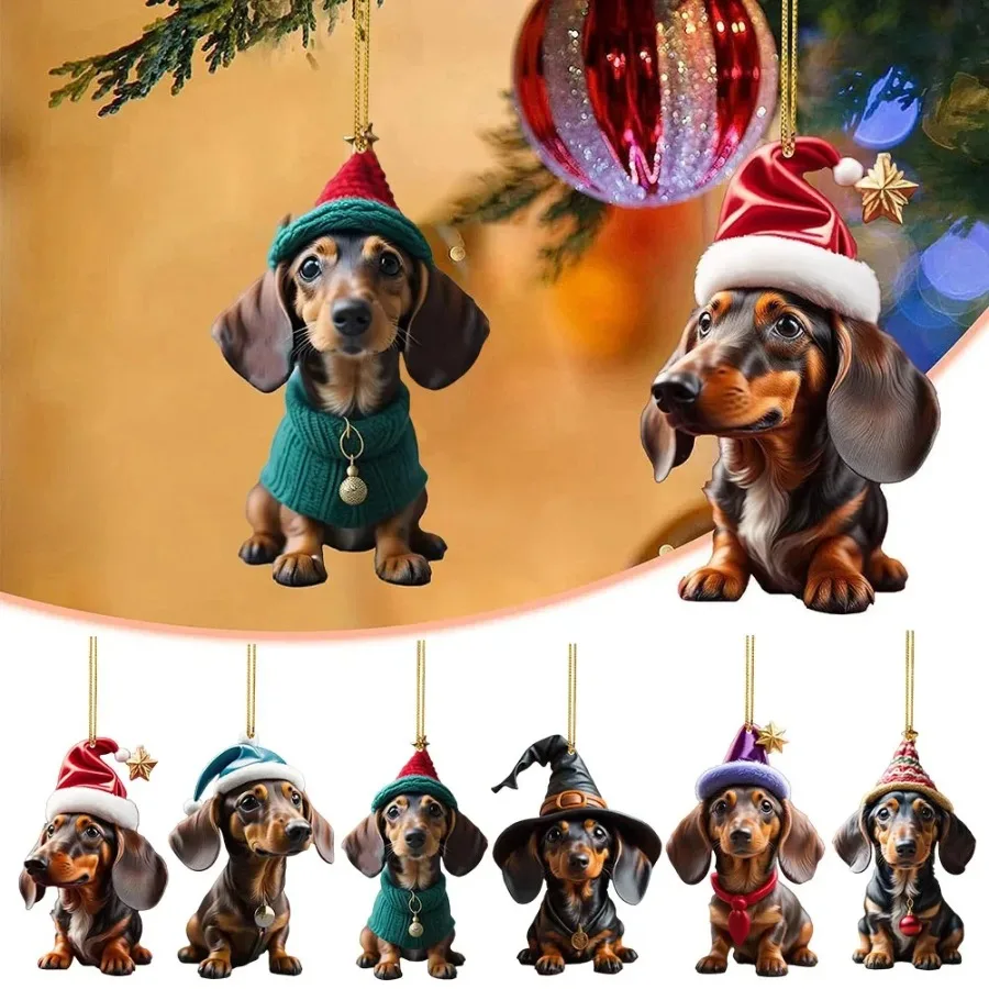 Cartoon Cute Dog Christmas Ornaments Fun Dachshund Dog Hanging Decoration Xmas Tree Graphic Design Pendant Home Car Decor