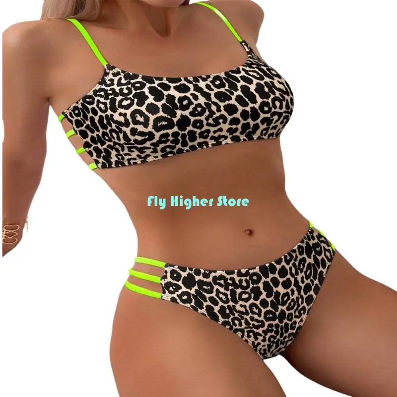 Backless Swimsuit Set Wild Leopard Pattern Bathing Suit Quick Drying Fabric Split Beachwear for Tropical Getaways