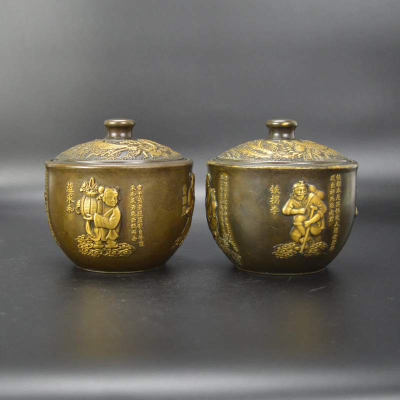 Brass Eight Immortals Jar, Gilt Embossed Tea Canister, Copperware, Home Decor, Desktop Ornament, Craft Item