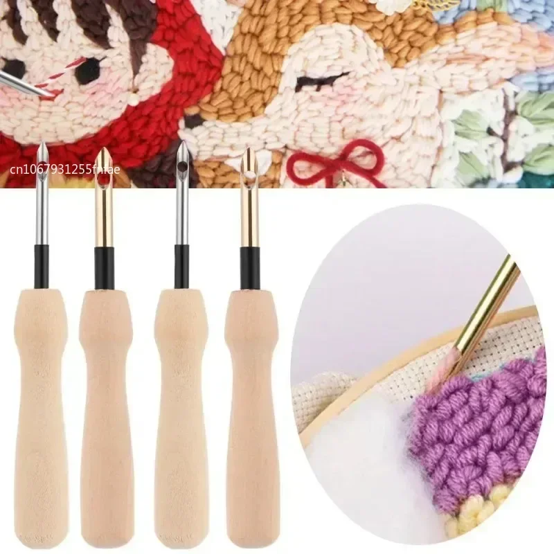 Wooden Handle Knitting Embroidery Pen Weaving Felting Craft Punch Needle Threader Wooden Handle DIY Tool Sewing Accessories