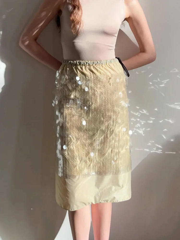 

Blifanbo Autumn Sequin Lace-Up Mid-Length Skirt For Women Elegant Fashion Patchwork Elastic Straight Sexy Slim Fit Female Skirt