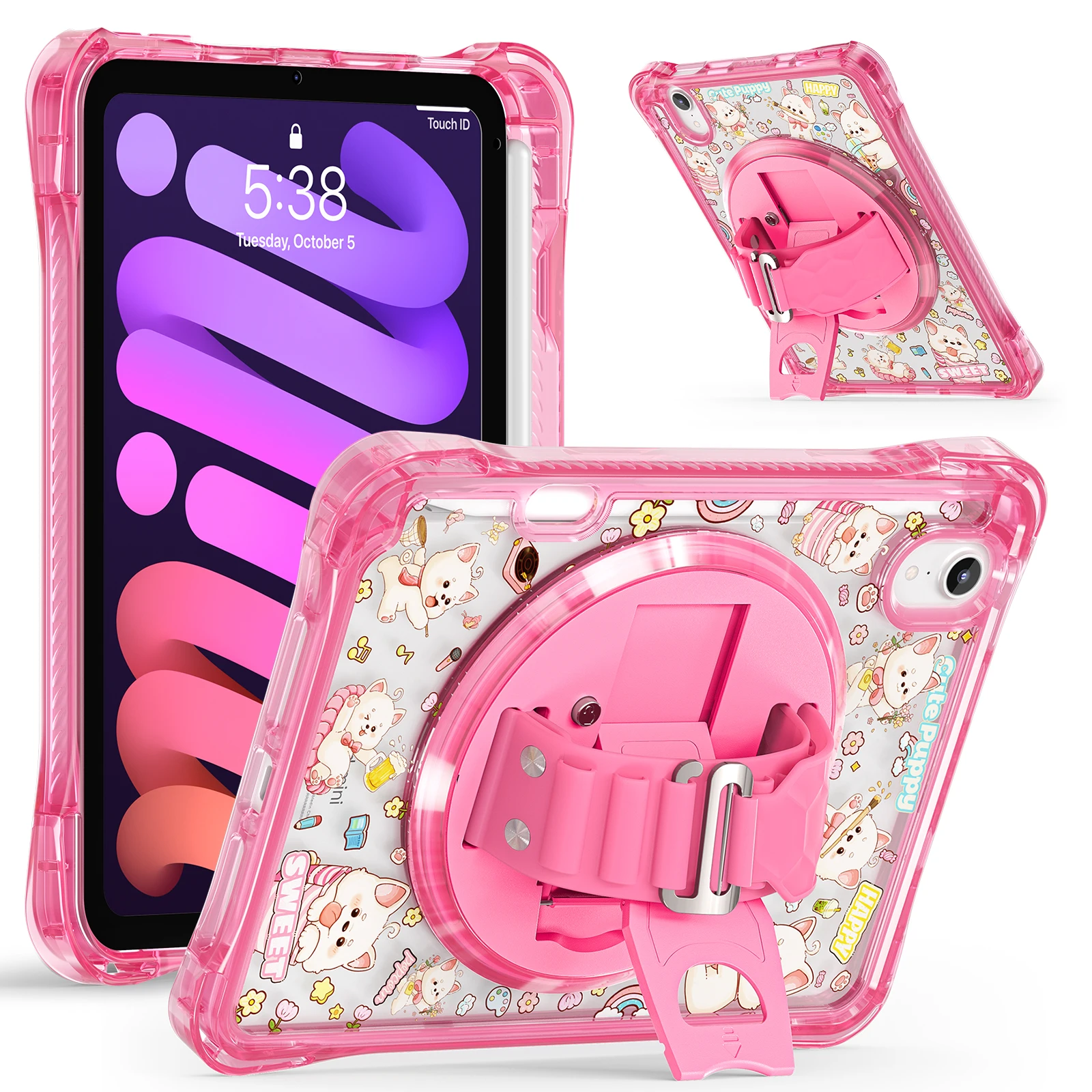Shockproof Transparent Cartoon Back Strap Case for iPad Pro 11/Air 6/Air 5/4/mini 6/mini 7/10th/11th Gen Tablet with Hand Stand
