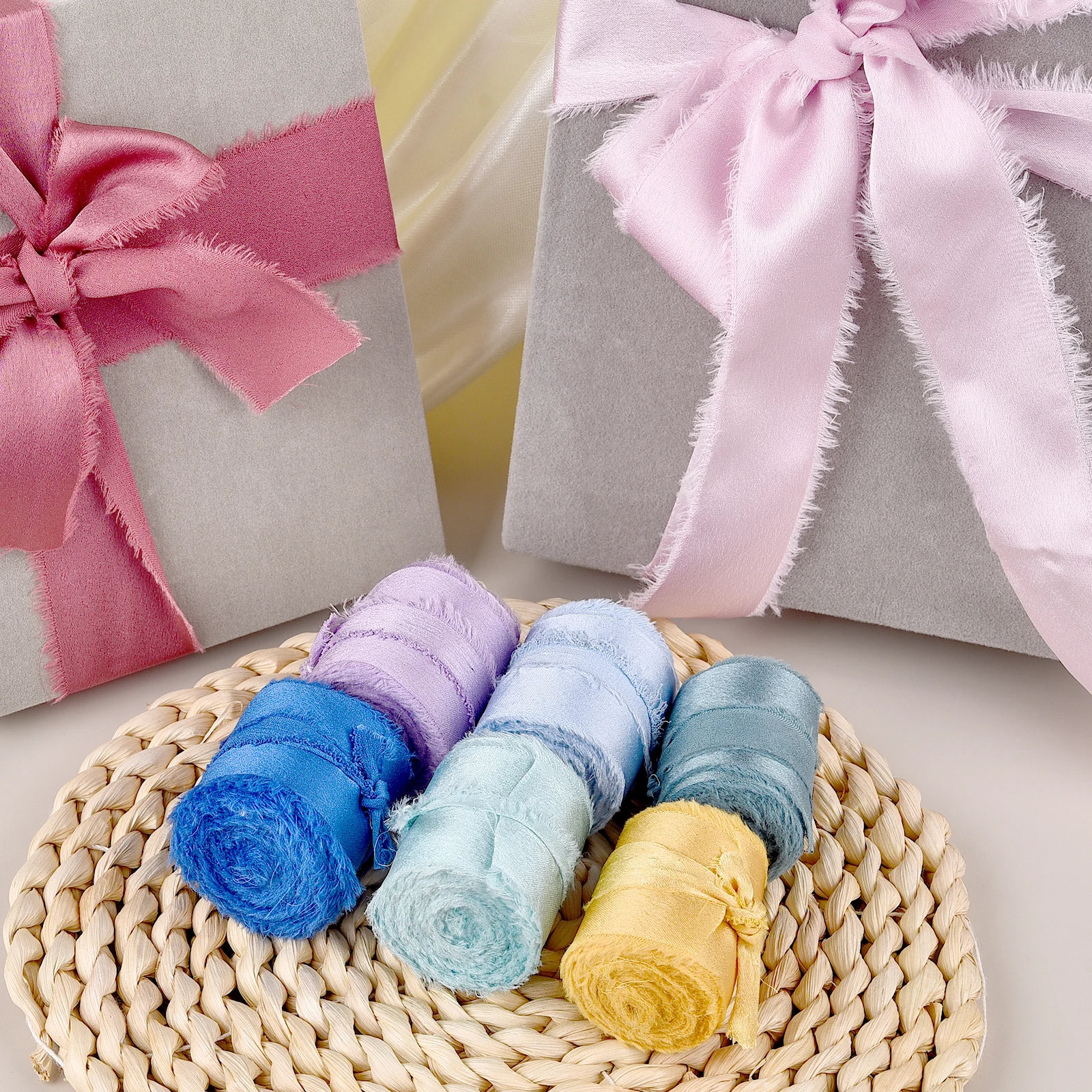 4 سنتيمتر 5 ياردة اليدوية المتوترة الحواف الساتان الشيفون شريط حرير دعوة الزفاف التفاف باقات حفلة عيد ميلاد #1