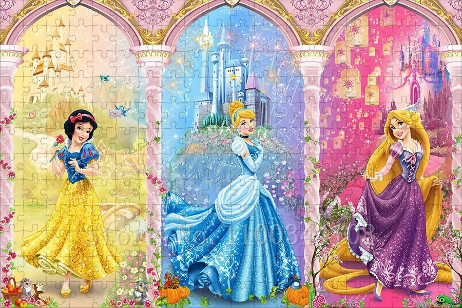 300/500/1000 Pcs Puzzles Disney Princess Snow White Rapunzel Cinderella Jigsaw Puzzles for Children Education Stress Relief Toys