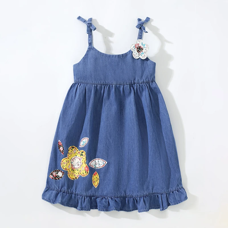 Little maven Girls Denim Dresses Flowers Appliques Toddler Baby Sleeveless Dresses for Girls 6 years Embroidery Beach Dress