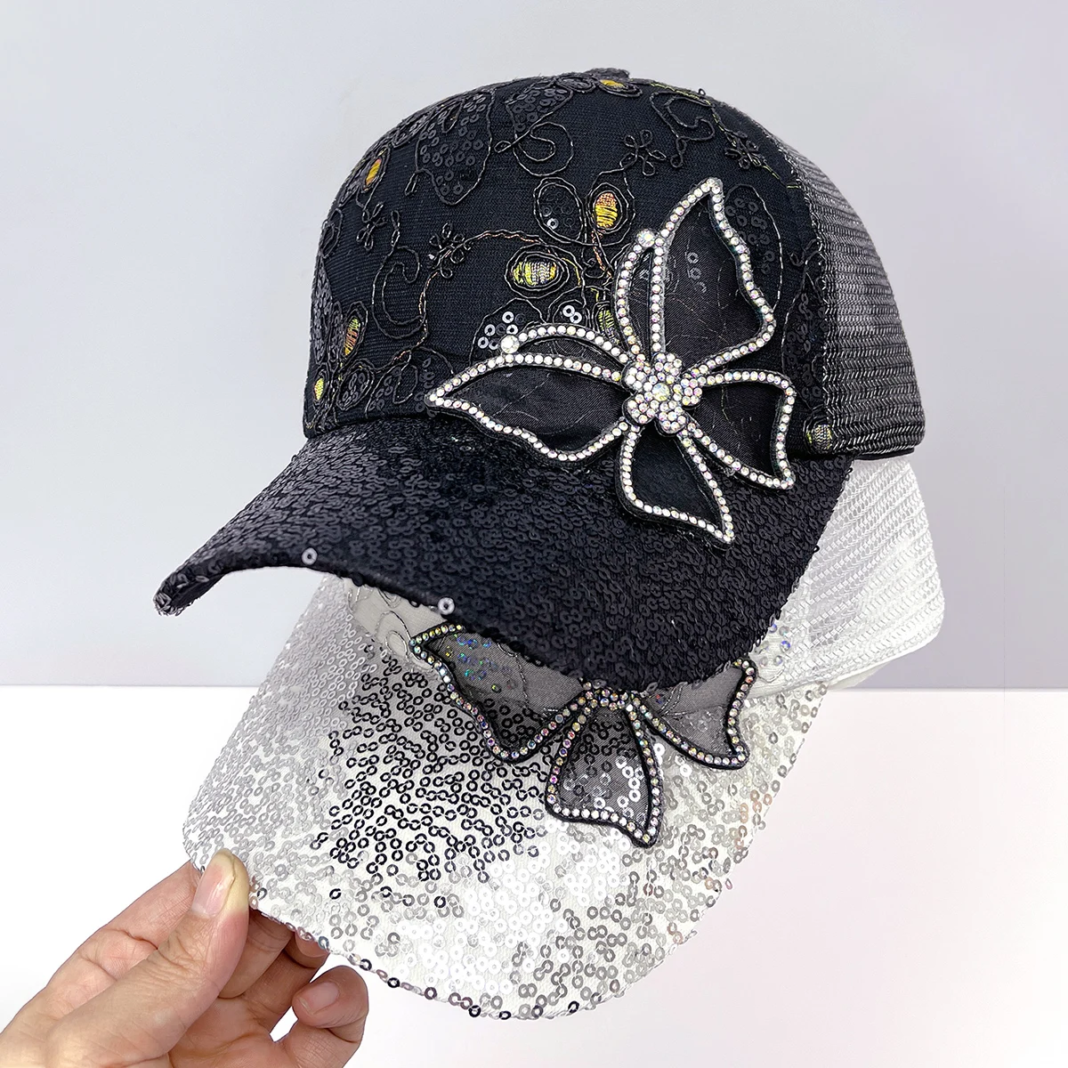1 Adjustable Butterfly Duck Tongue Baseball Hat Denim Ball Hat Fashion Women\'s Shining Gift Women\'s Shining Hat