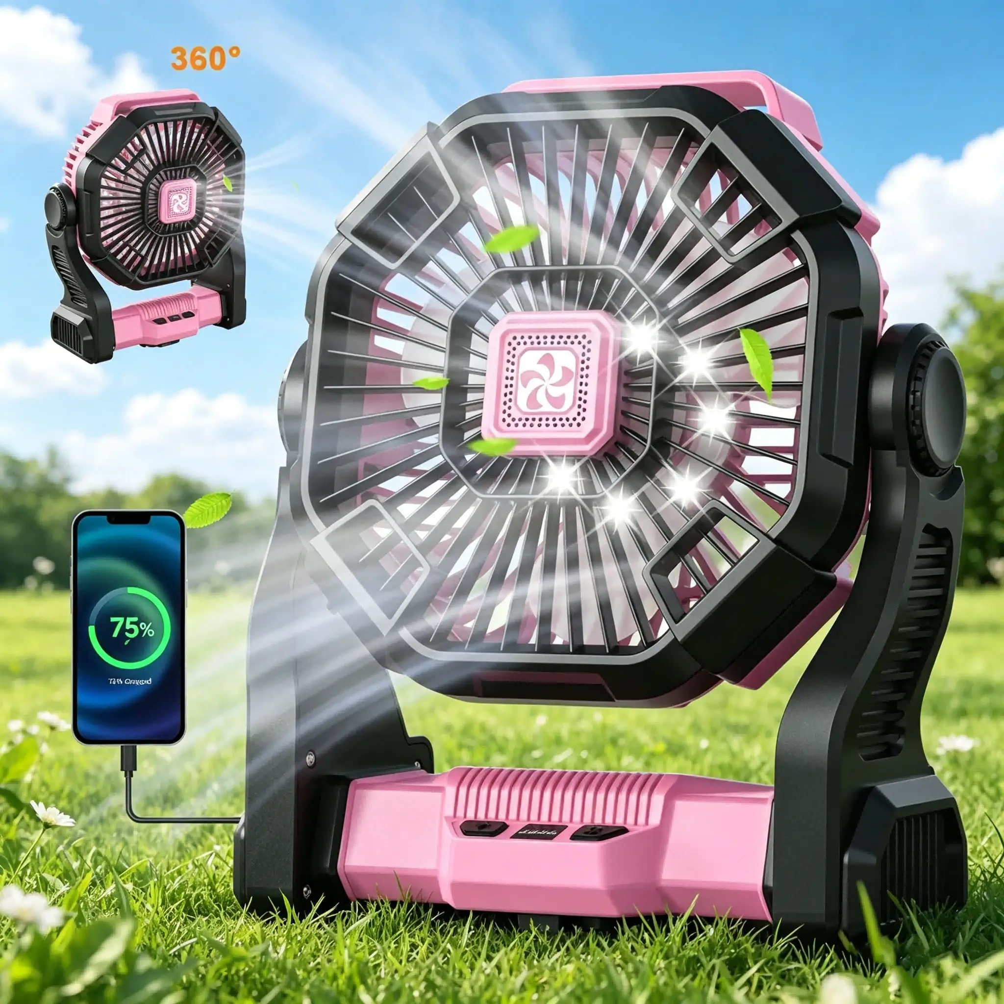 Three-in-one camping fan with LED lantern
