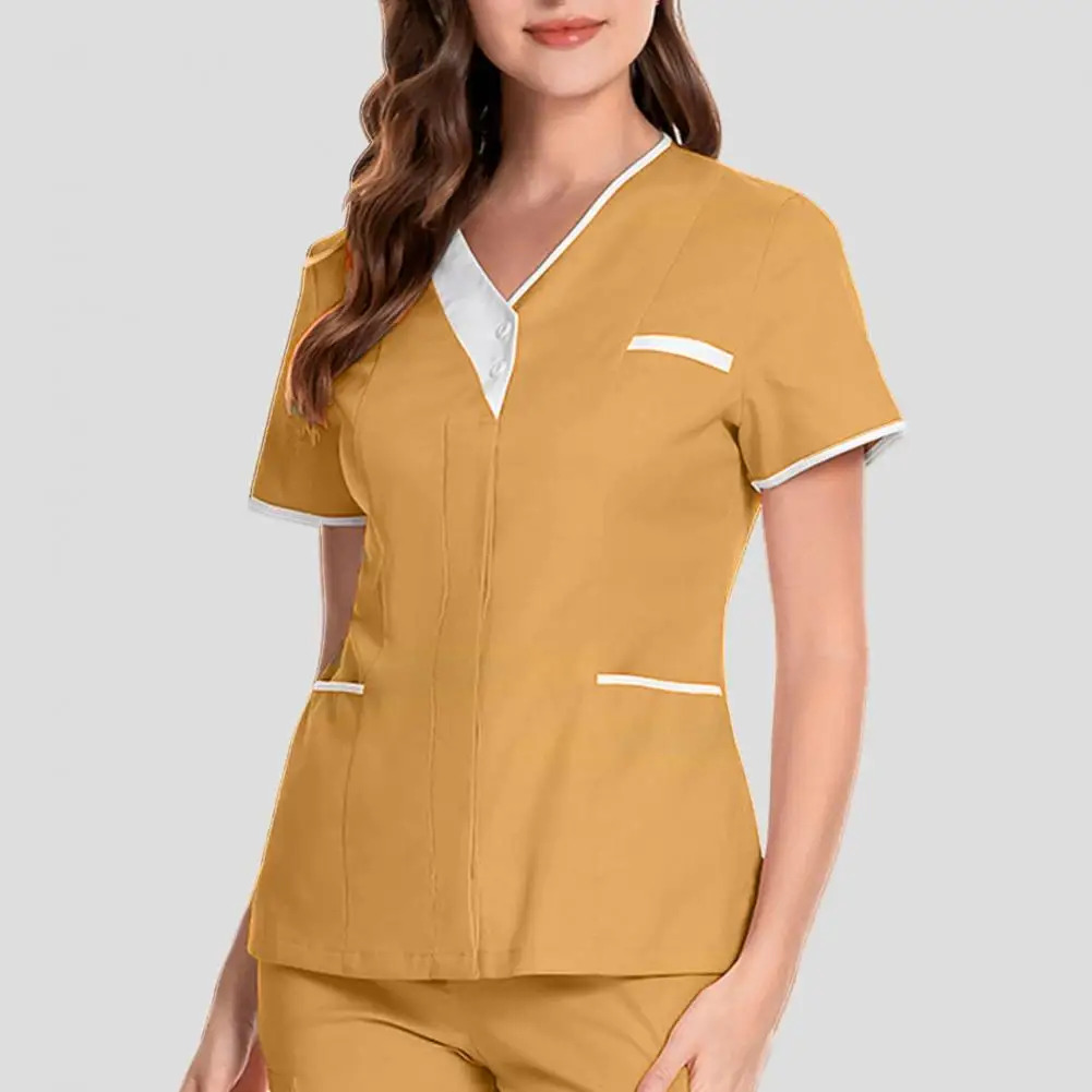 Button Closure Nurse Tops Stylish V-neck Nurse Tops with Patchwork Design Colorful Pockets Button Neckline for Hospital Dental