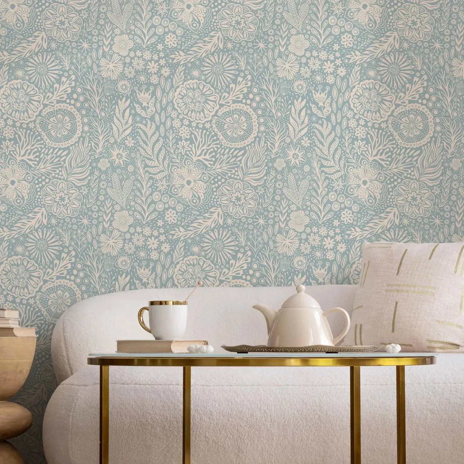 Boho Mandala Wallpaper Peel and Stick,Dusty Blue & Cream Floral Wall Mural,Vintage Home Decoration,Self-adhesive Or Traditional