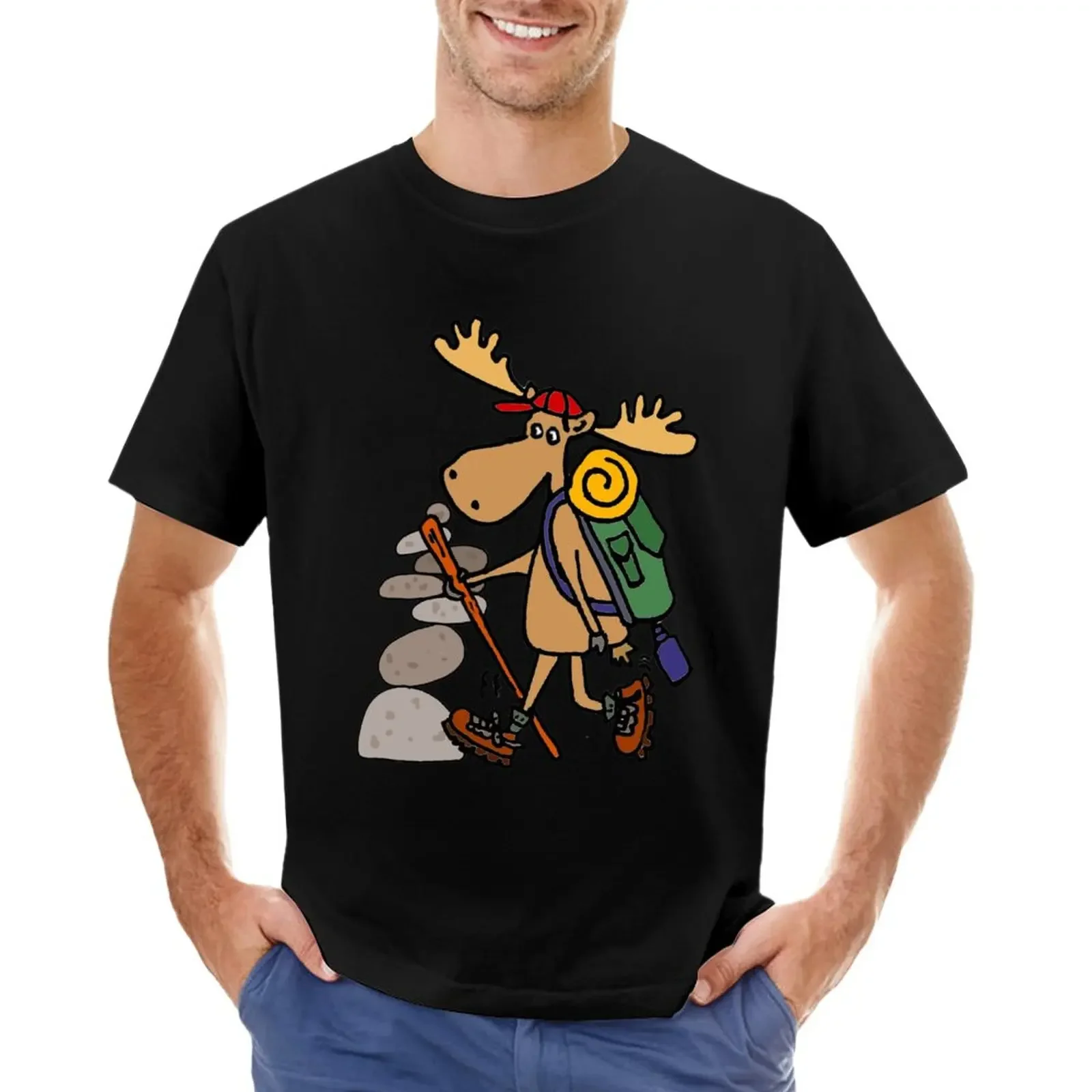 

Funny Moose Hiker and Cairn Nature Art T-Shirt boys whites funnys men clothings