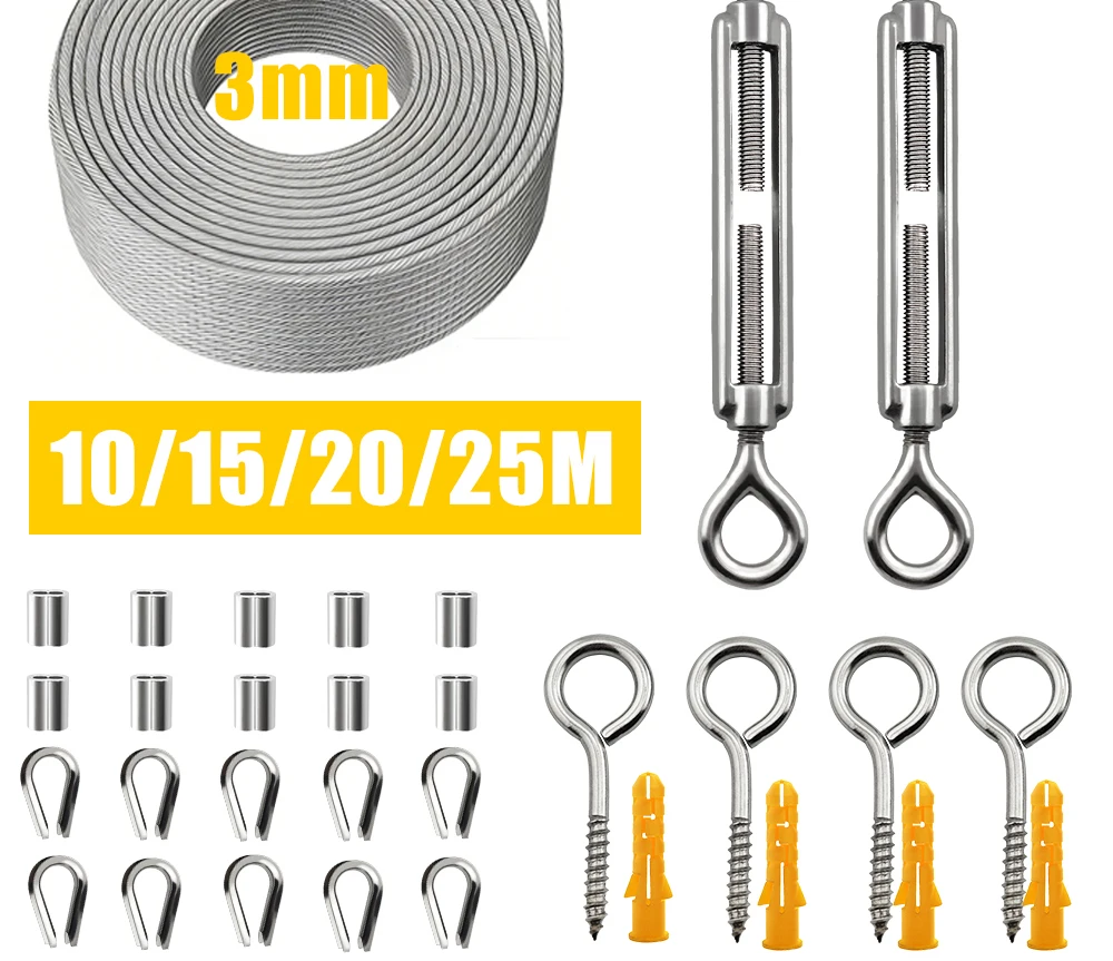 3mm Edelstahl-Drahtseil-Set mit PVC-Beschichtung, Hochleistungskabel für Balkongeländer, Farmzäune, Sonnenschutzvorrichtungen, Wäscheleine, 10-25m – Detail 7