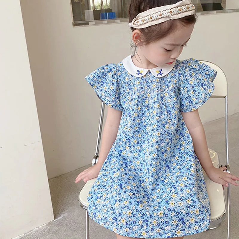 Summer Girls Dresses Country Style Embroidery Doll Collar Flying Sleeves Mini Cute Dress Party Princess Dress Charm Vestidos