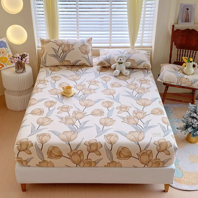 

Flower Printing Fitted Sheet for Double Bed Adjustable Elastic Band Wrap Around Thick Cotton Mattress Cover Set with Pillowcase