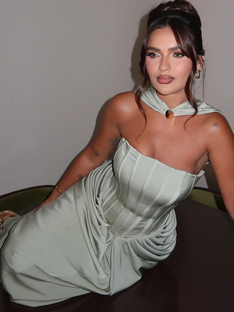 

ByeMyLove Elegant Satin Corset Maxi Dress Strapless & Off-Shoulder Maxi Dress Satin Wrap Neck Gown Bodycon Dress with Back Tie
