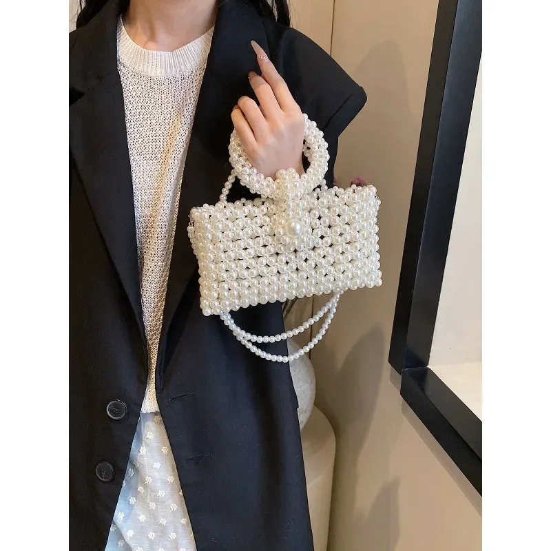 Simple Versatile Pearl Square Handbags Chains Beading Sense of Luxury Shoulder and Crossbody Bags for Women 2024 Fashion New