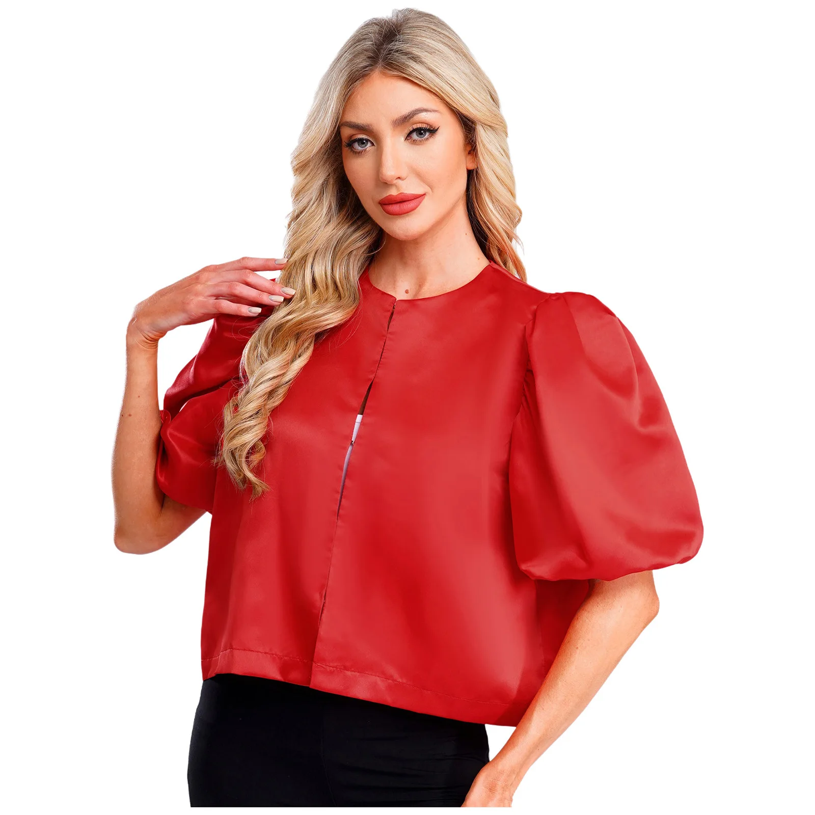 Jaket Wanita Mantel Warna Solid Blus Satin Lengan Pendek Mengembang Kemeja Cardigan Pendek untuk Kerja Kantor Makan Malam Perjamuan Atasan Wanita