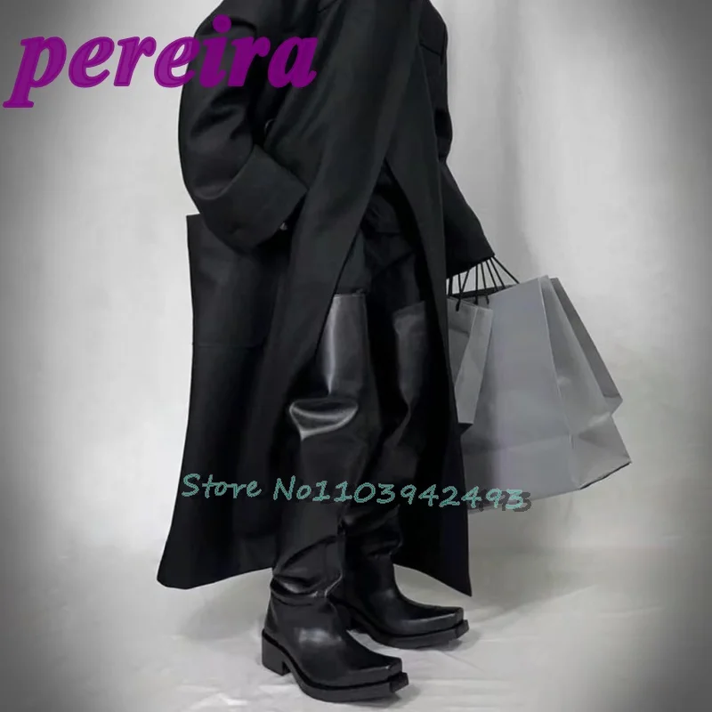 

Black Wide Fit Boots Square Toe Botas Over-the-knee Man Women Autumn Winter Fashion Street Style Shoes Luxury Designer Booties