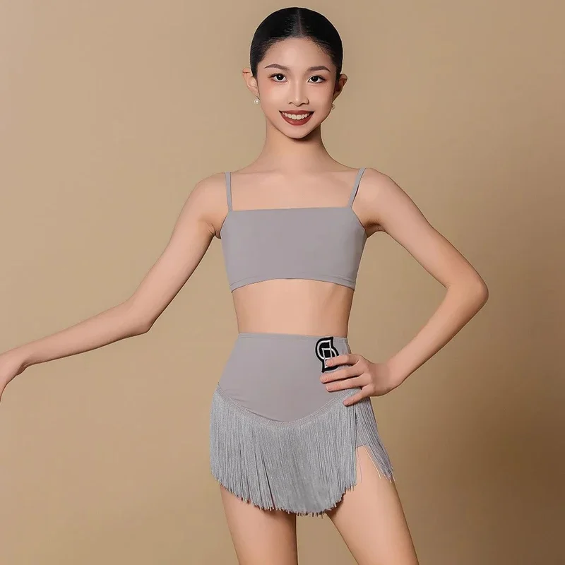 

Summer Salsa Latin Dance Competition Costume Girls Chacha Latin Top Tassels Skirts Kids Performance Prctice Clothes