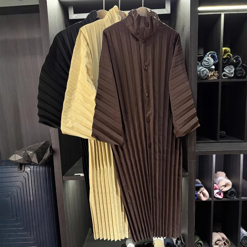 미야케 플리츠 트렌치코트 2025 가을 신상 캐주얼 긴팔 싱글 브레스티드 드레스 재킷 루즈핏 큰 사이즈 캐주얼 드레스