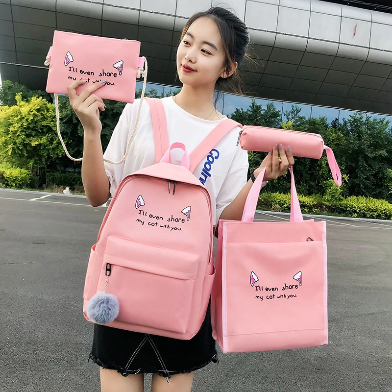 4Pcs Backpack Set Primary Student Backpack Large Capacity Canvas Laptop Backpack Waterproof Fashion Crossbody Bag Travel Daypack