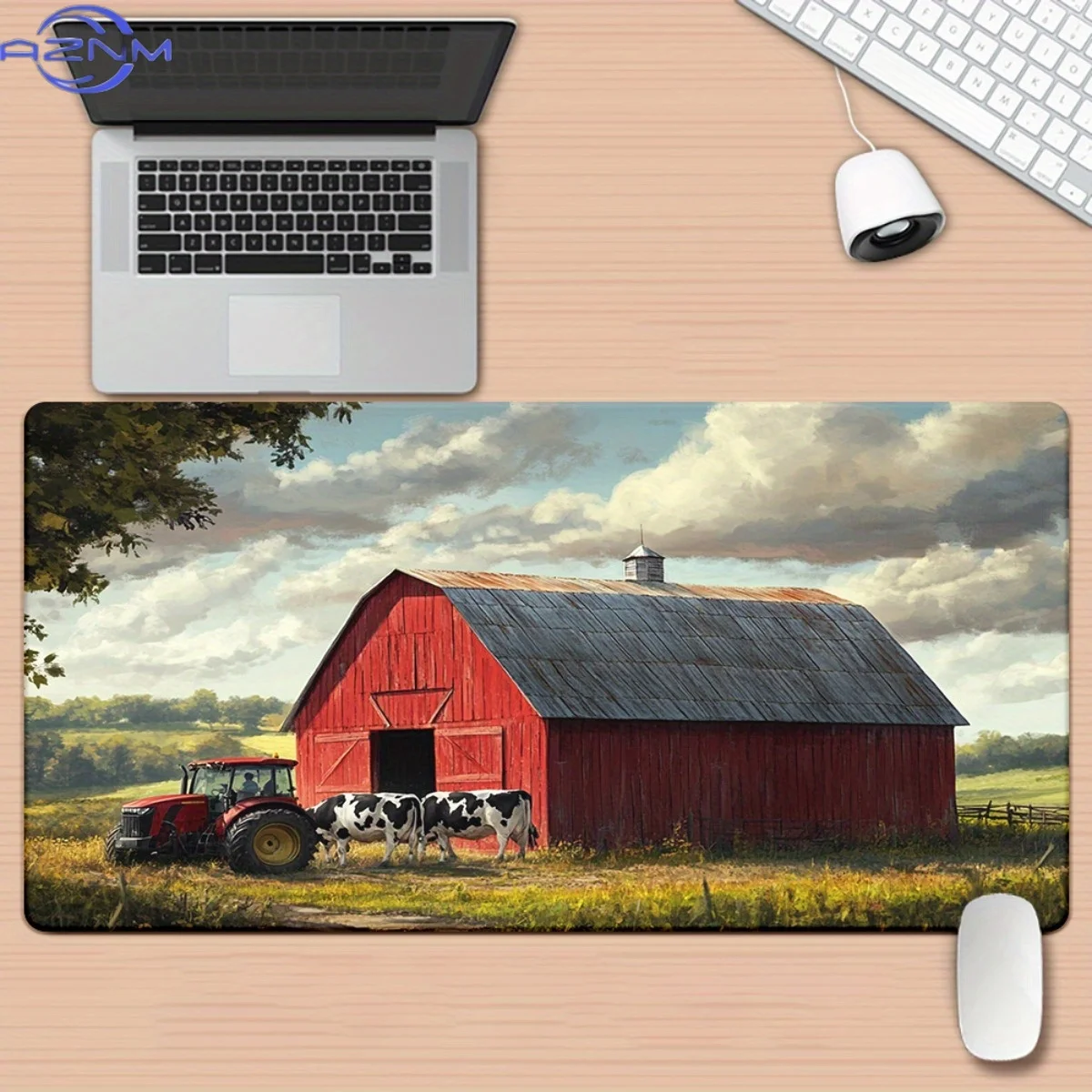 1pc Large Red Barn & Green Field Farm Design Non-Slip Rubber Base Gaming & Office Desk Mat with Wrist - Ergonomic Comfort, Non-S
