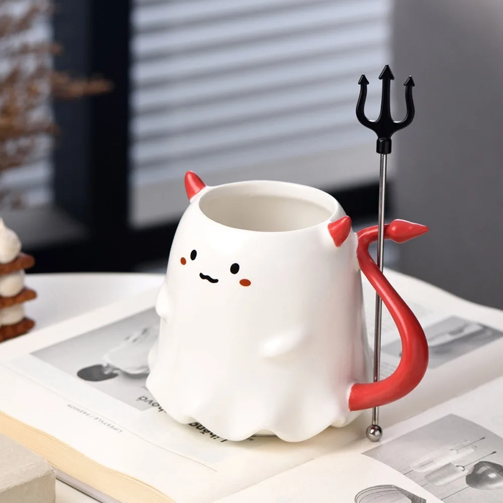 Halloween Ceramic Cup Creative Devil Coffee Cup 500ml/16Oz Reusable with Fork Is A Thoughtful Gift for Family and Friends