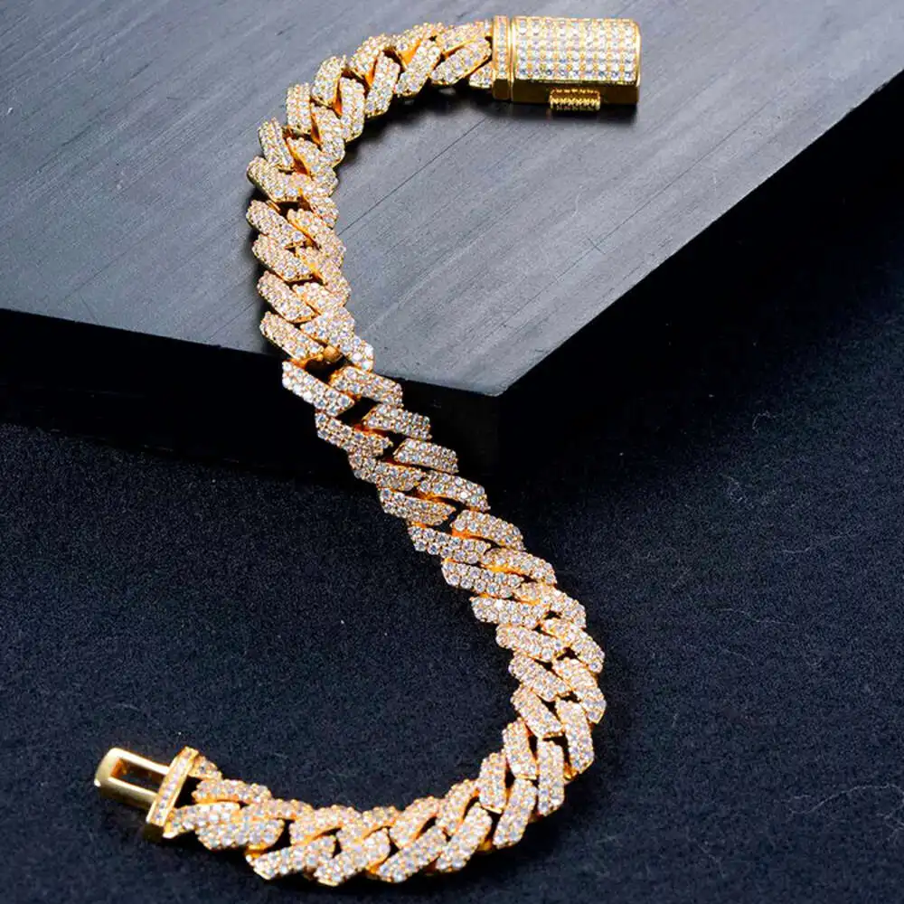 Luxury 12mm Mens Women Miami Square Lock Diamond Claw Set Hip Hop Jewelry Cuban Link Bracelet.