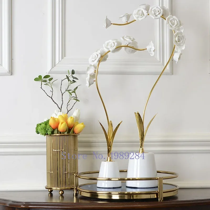 Ceramics Artificial Flower Bouquet Decoration Metal Flower Pot Marble Crafts Furnishings Ceramic Orchid Modern Home Decoration