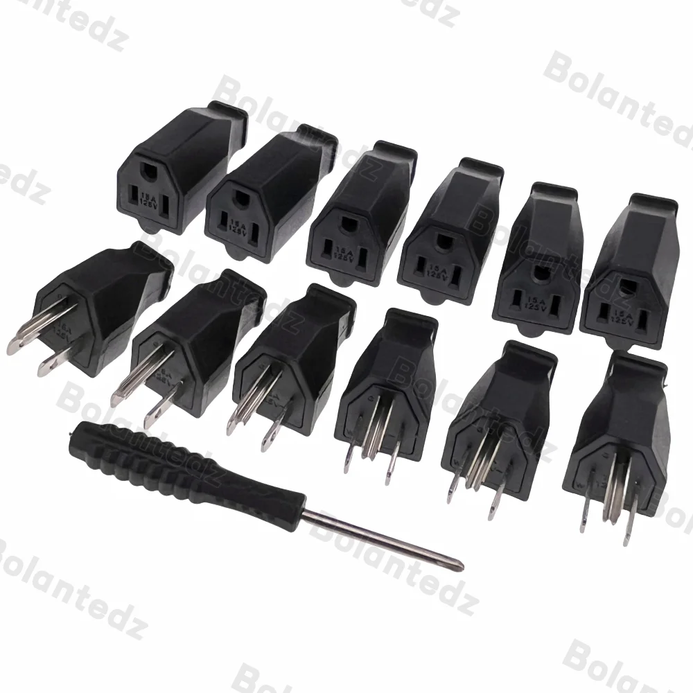 Bolantedz Black Copper American Male Female 3 Pins Power Plug Electrical AC 125V 15A US Power Cord Detachable Wiring Plug Socket