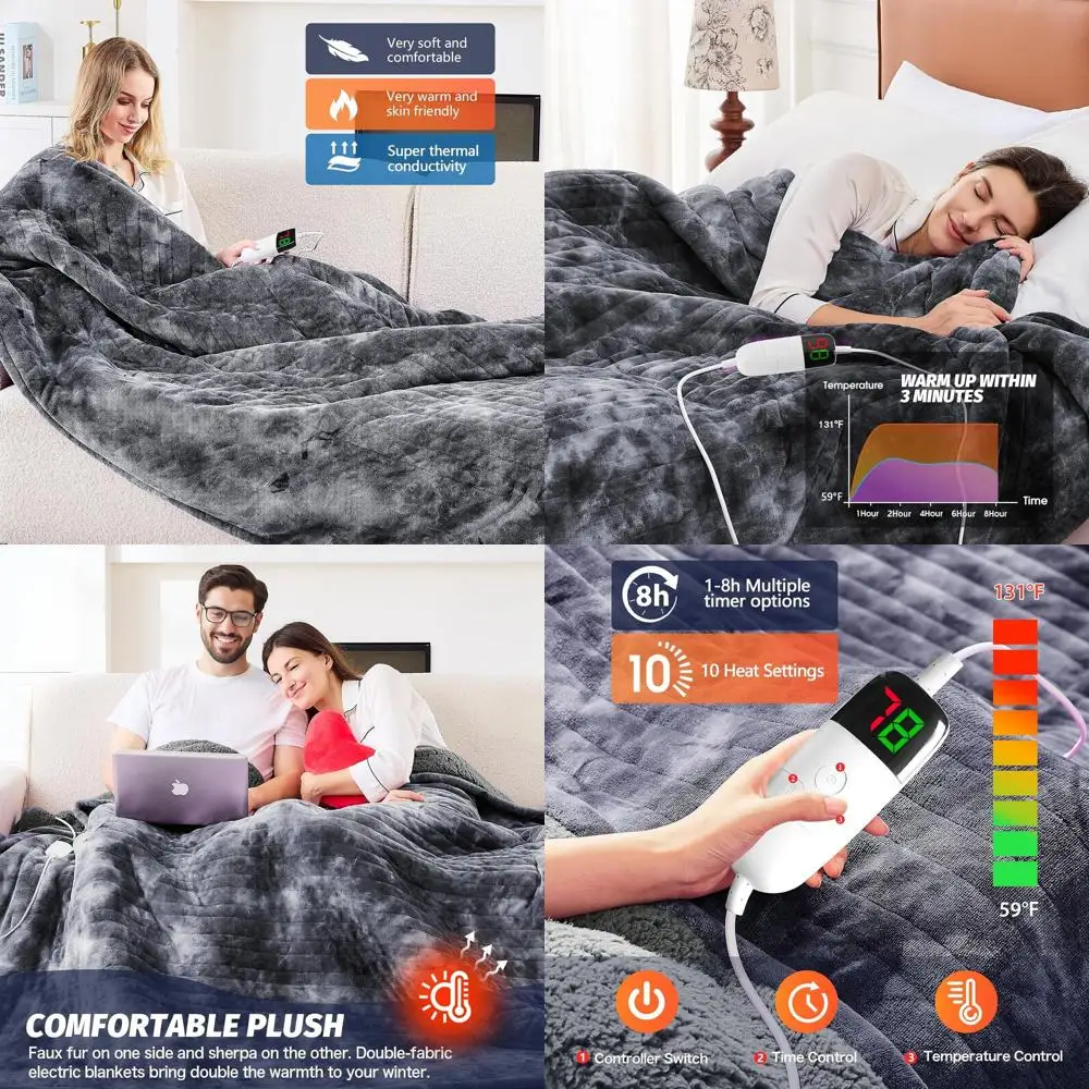 

Sherpa Electric Throw Blanket with 5-Timer & 10 Heat Levels, 62x84 Marble Grey for Cozy Winter Nights