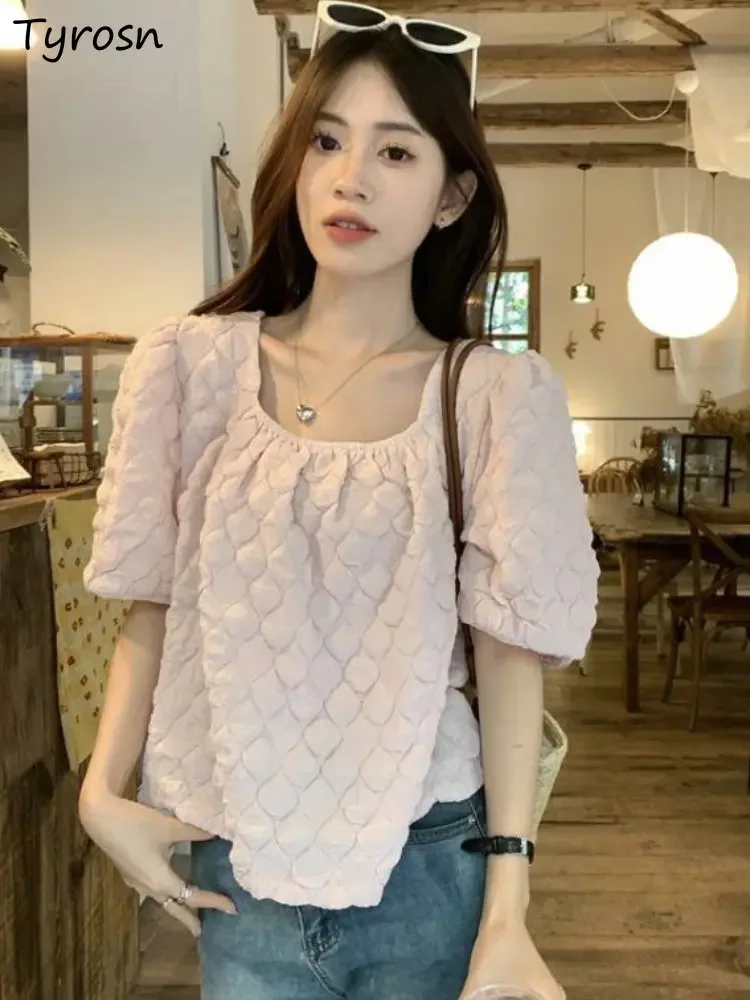 

Женская блузка, простая, милая, летняя, универсальная, для отдыха, элегантная, нежная, свободная, в корейском стиле, модная, женская, на каждый день, с квадратным воротником