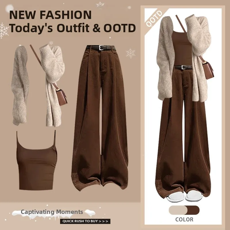 

Ladies' Lazy Style Knitted Set High Waist Slimming Casual Pants Three-Piece Suit Loose Fit Vest Autumn Fashion Ensemble