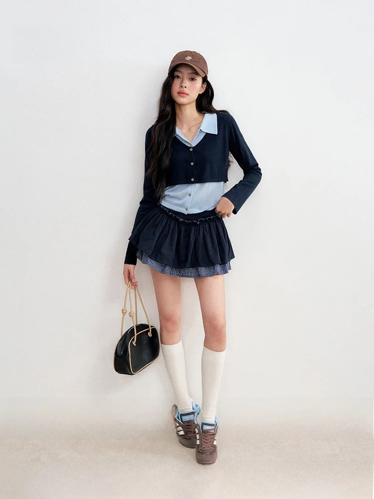 

Liilou Wool Blend Slim Fit Long Sve Ne Knitted Sweater College Sle Contrast Color Fake Two-Piece Ciwalk Faion