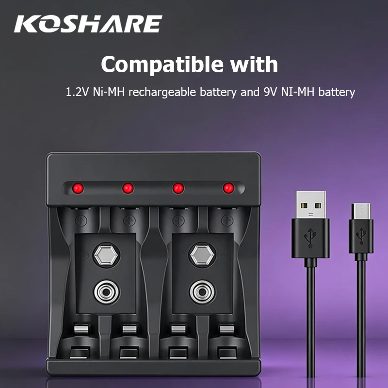 KOSHARE Smart Battery Charger With LED Display 4-Slot Independent Charging For 1.2V Ni-MH/Ni-cd 9V