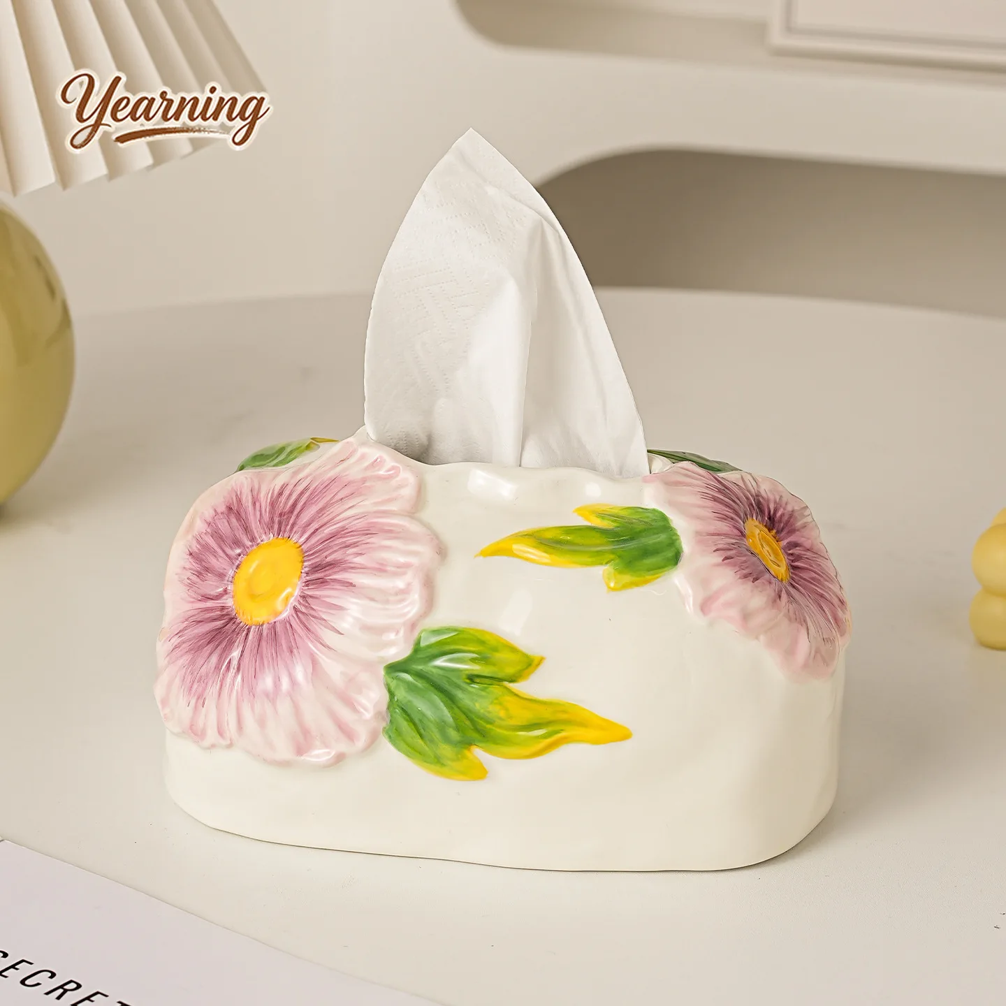 

Ceramic Flower shaped Tissue Box Light Luxury Item for Living Room Coffee Tables Storage and Decoration