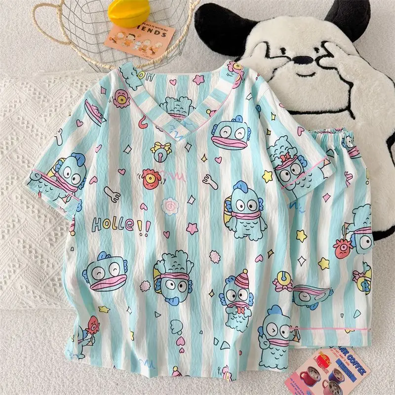 

Милая пижама Sanrio Hangyodon, комплект из 2 предметов, женская пижама с шортами и коротким рукавом, летняя пижама, кавайное домашнее платье, хлопковый домашний костюм