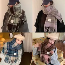 Vintage Warm Winter Cashmere Scarf Mohair Plaid Long Tassel Scarves Soft Thickened Thickened Shawl Wrap Women