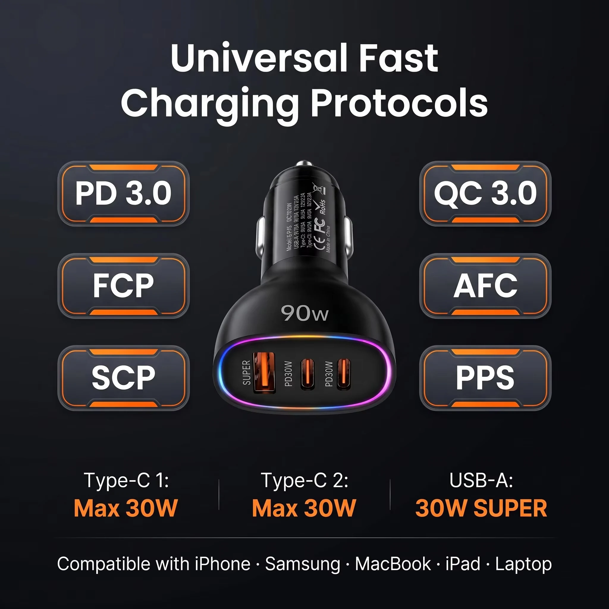 Multi Port 90W Car Charger Super Fast Charging Dual PD 30W Type C USB A 30W Adapter for Laptop MacBook PPS QC3.0 RGB LED 12V 24V