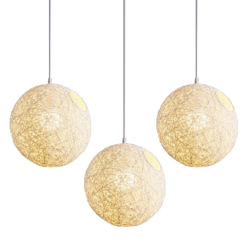 3X White Bamboo, Rattan And Hemp Ball Chandelier Individual Creativity Spherical Rattan Nest Lampshade