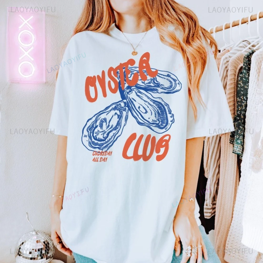 Oyster Club Foodie Vintage Inspired Beach Graphic T Shirts Summer Woman Man High Quality Cotton T-shirt Unisex Ropa Hombre
