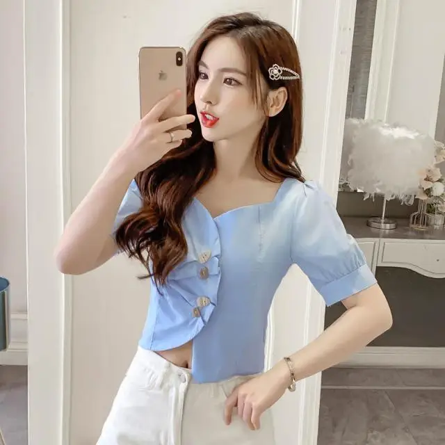 

Short Sleeve Shirts Womens Poplin Patchwork Pintuck Bat Shirt Street Minimalist Trendy Urban Youthful Student Modern